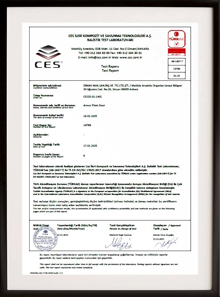 Dimak Kapı Kurşun Geçirmezlik Test Raporu