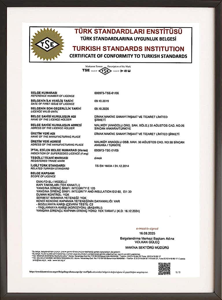 Dimak Kapı TSE Uygunluk Belgesi